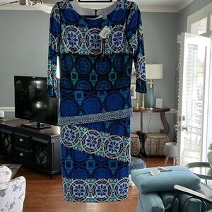 Joseph Ribkoff Blue Multi-Pattern Midi Dress